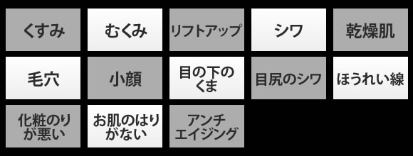 くすみ ・むくみ ・リフトアップ ・シワ ・乾燥肌 ・毛穴 ・小顔 ・目の下のくま ・目尻のシワ ・ほうれい線 ・化粧のりが悪い ・お肌のはりがない ・アンチエイジング
