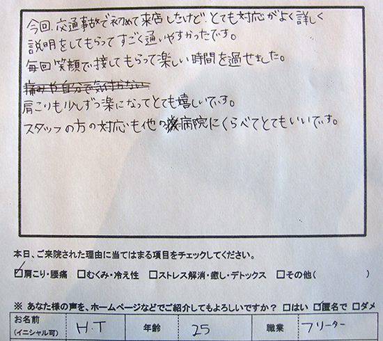 医院の雰囲気も良くて、とてもリラックスして施術が受けることができます。整骨院のイメージが変わりました!!スタッフの皆さんも親切で安心できます。事故後のリハビリのために通院していますが、症状も改善してきてるし、感謝しています。スター整骨院さんに出会えて良かったです。いつもありがとうございます。